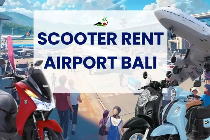 Illustration of scooters on the airport apron with a passenger airplane above at Ngurah Rai International Airport Bali