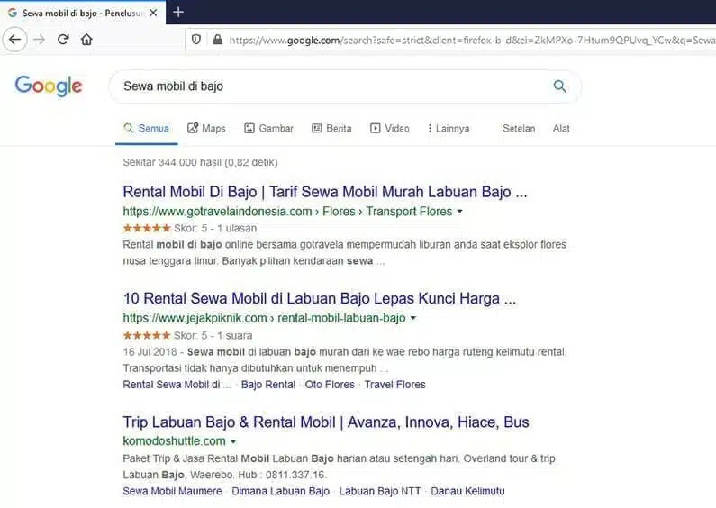 google search sewa mobil bajo