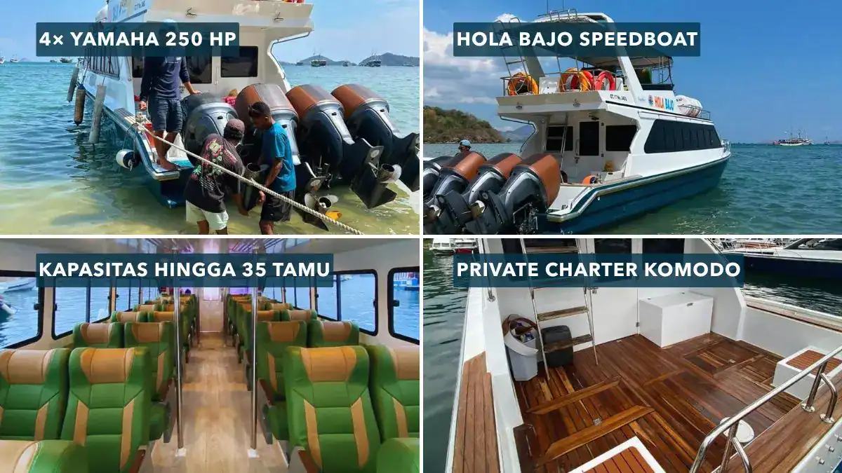 Hola Bajo Speedboat – Private Charter Komodo hingga 35 Tamu Hola Bajo Speedboat dengan empat mesin Yamaha 250 HP, kabin 35 penumpang, dan dek private charter Komodo
