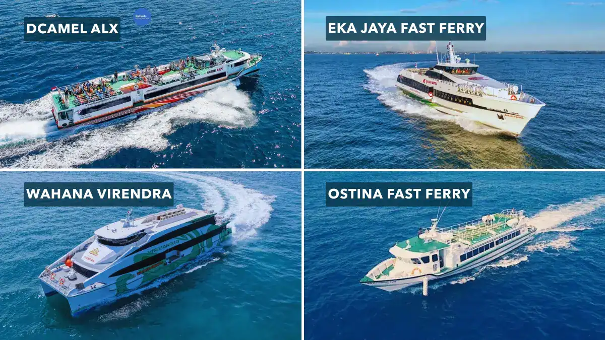 Kolase kapal D’Camel ALX, Eka Jaya, Wahana Virendra, dan Ostina untuk rute fast boat Bali–Gili Trawangan