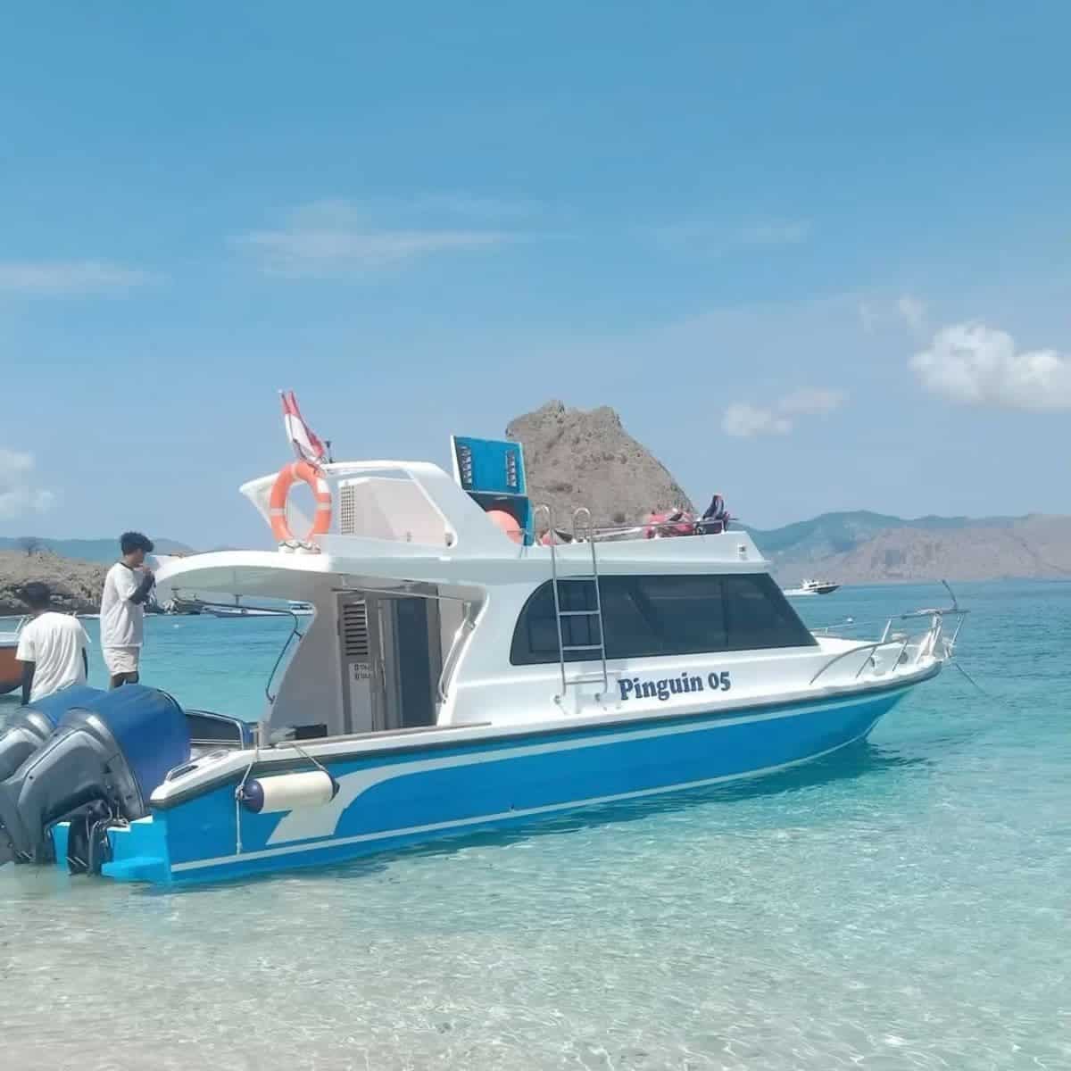 Speedboat Pinguin 05 di perairan Komodo untuk charter privat dari Labuan Bajo