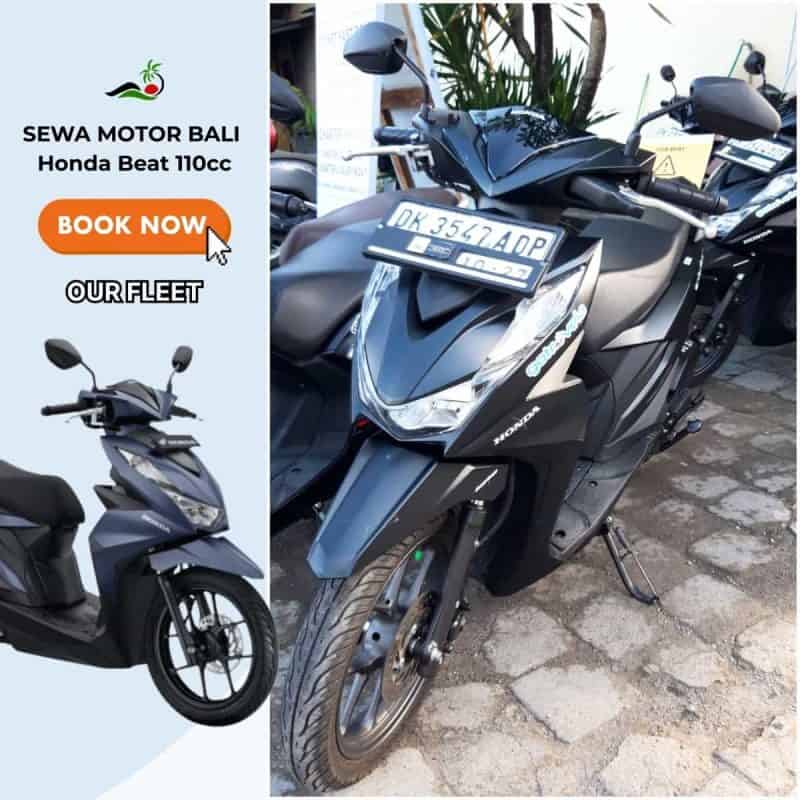 Wisatawan touring Bali naik Honda Beat 110cc rental di pantai Sanur dengan pemandangan sunset